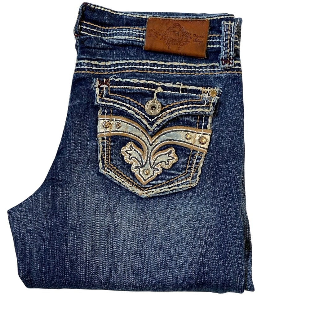 TRADEMARK H Bootcut Jeans Pocket Flaps Blue Embellishments Size 9/10